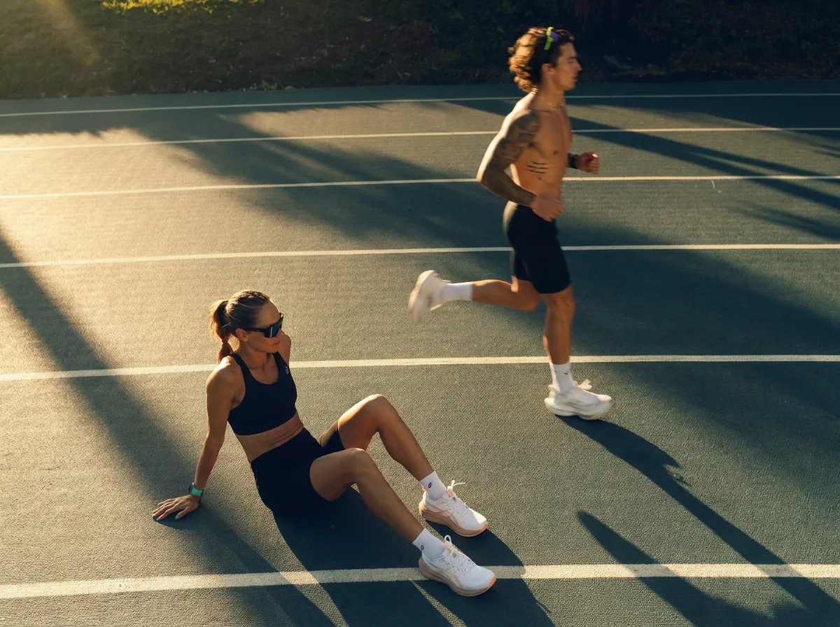 Two athletes on a sunlit running track