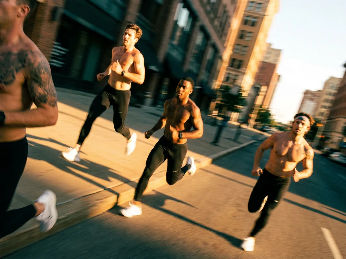A group of runners sprinting through the city at sunrise