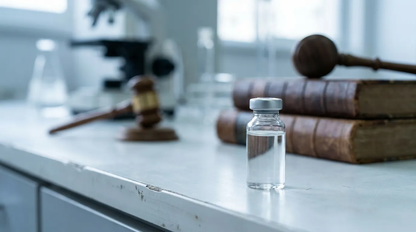 A single clear glass pharmaceutical vial of clear liquid on a white laboratory bench, with a blurred wooden gavel and a stack of law books behind it.