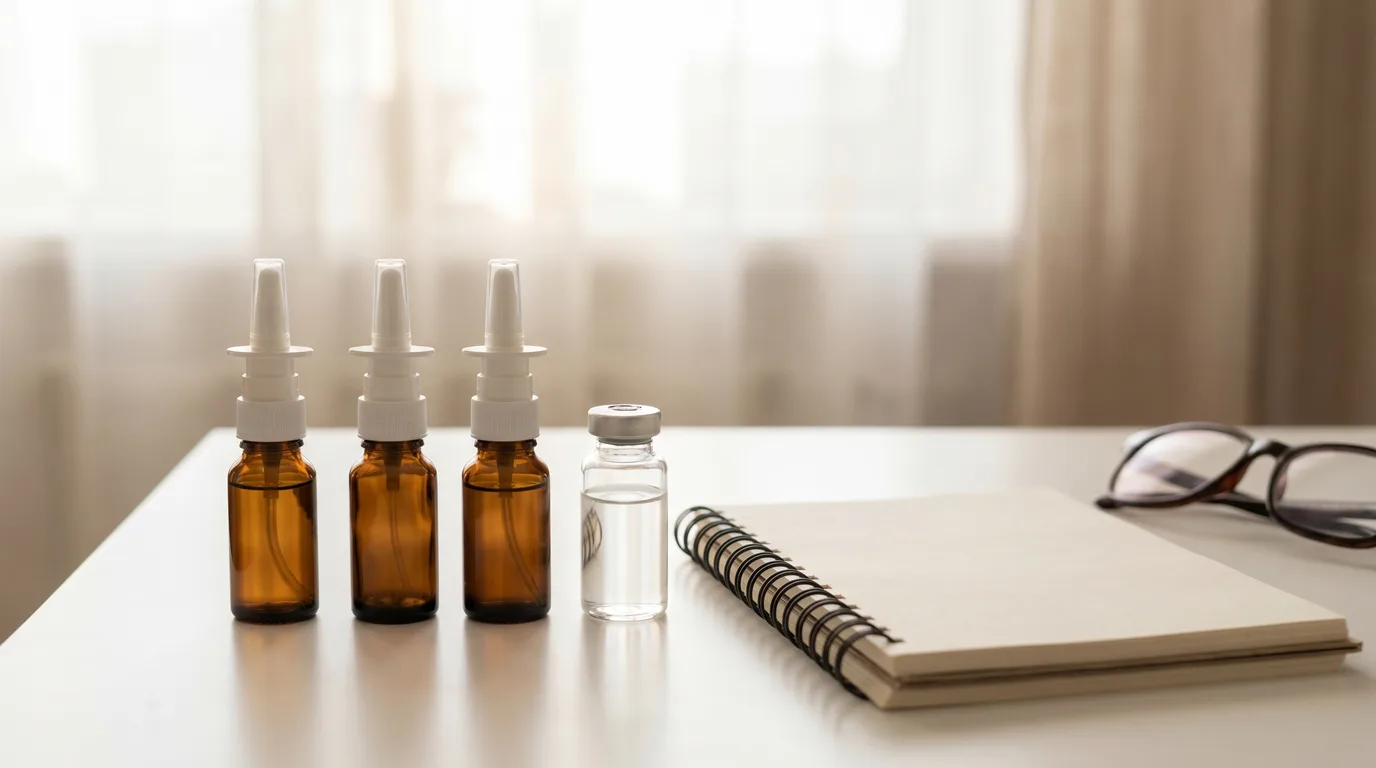 Three identical unlabeled small amber glass nasal-spray bottles and one clear glass vial of colorless solution in a row on a clean white desk beside an open notebook and reading glasses in soft morning light.