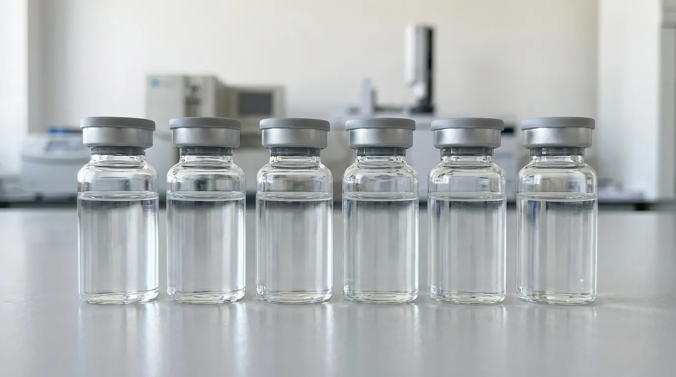 A row of unlabeled clear glass vials of clear liquid on a clean clinical laboratory bench under soft even light, with blurred glassware behind them and no text or logos.