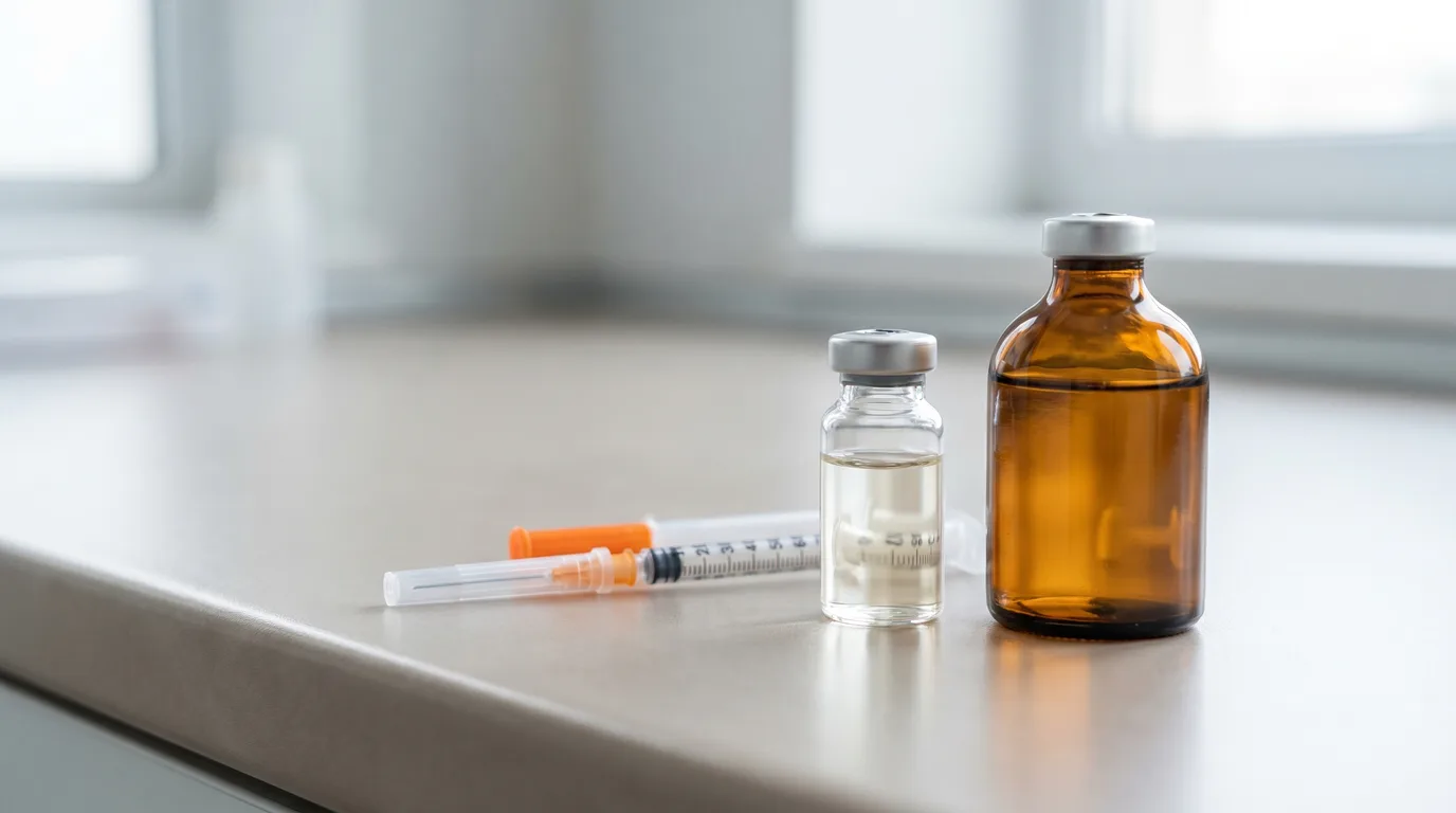 Two unlabeled clear glass medical vials of colorless solution and a small amber dropper bottle beside a folded knee-support sleeve on a clean white clinical surface.