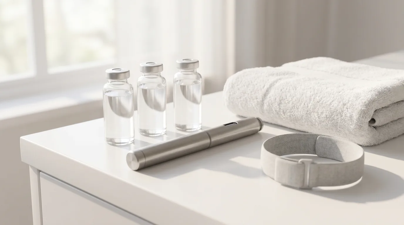 Three identical unlabeled clear glass medical vials of colorless injectable solution in a row beside a slim metal auto-injector pen on a clean white clinical surface, with a folded white towel and a wearable recovery band in soft morning light.