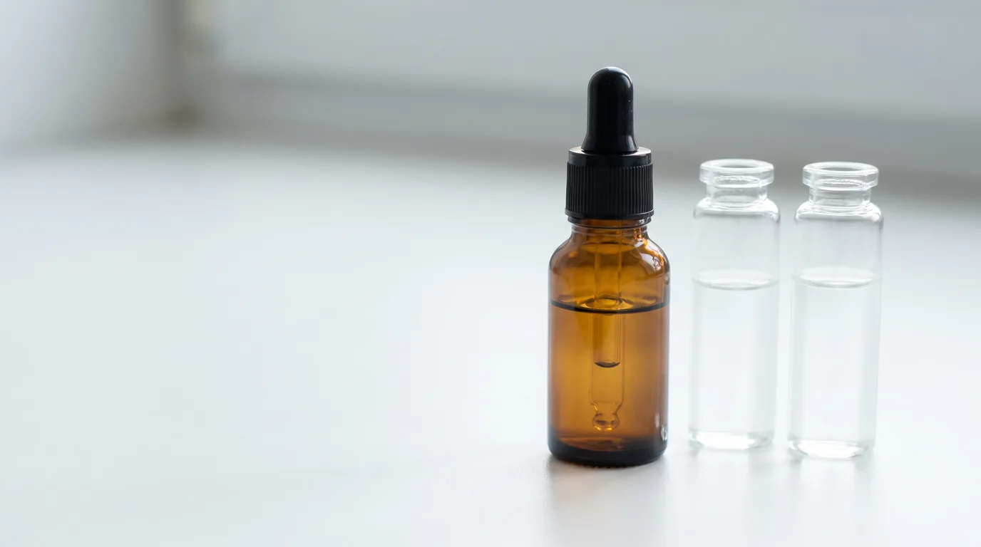 A small amber glass dropper bottle of clear serum beside two unlabeled clear glass vials of colorless solution on a clean white clinical surface in soft daylight.