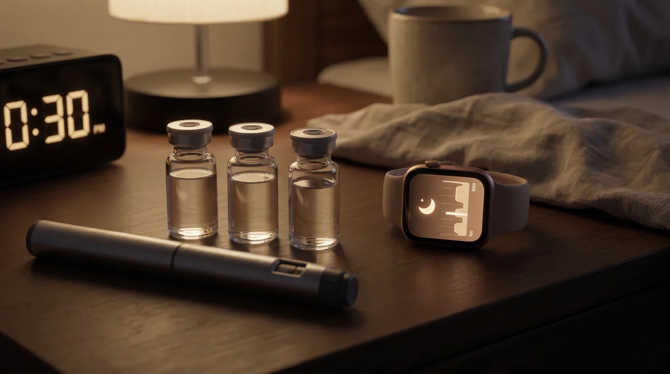 Three identical unlabeled clear glass medical vials of colorless injectable solution in a row beside a slim metal auto-injector pen on a dark bedside table with a softly glowing sleep-tracking smartwatch, in low warm night-time light.