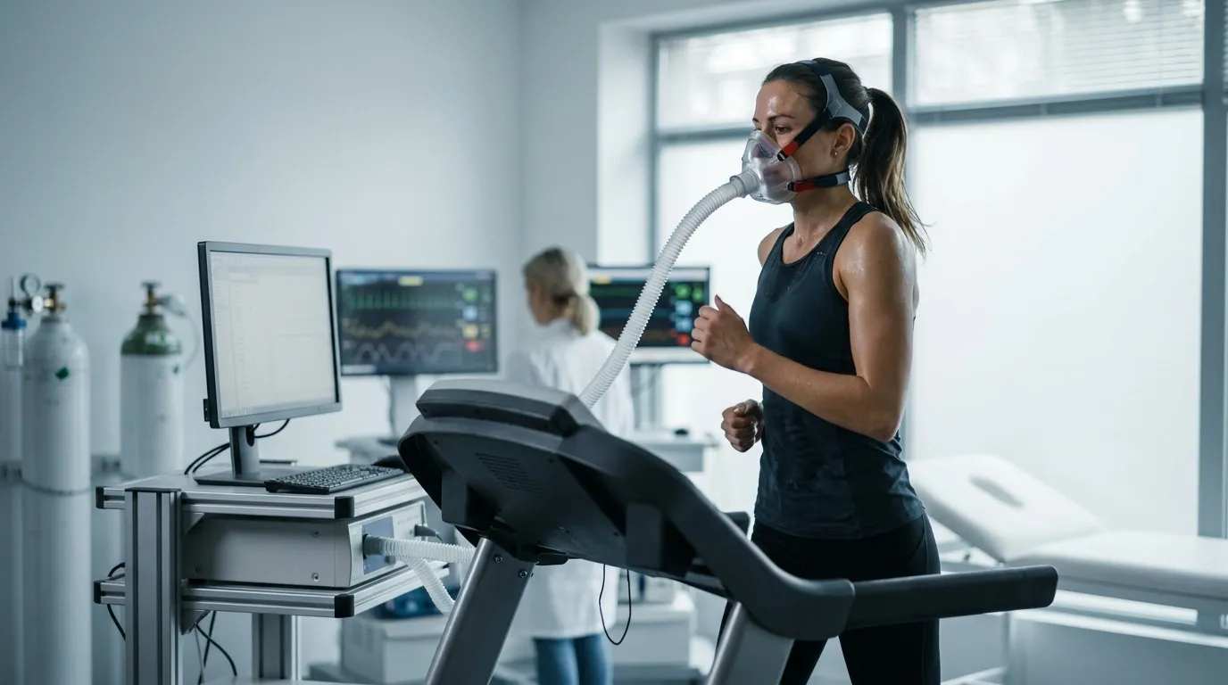 A fit athlete on a treadmill in a sports-science lab wearing a clear VO2max metabolic mask connected to a tube, mid-test, focused and breathing hard under cool clinical daylight.