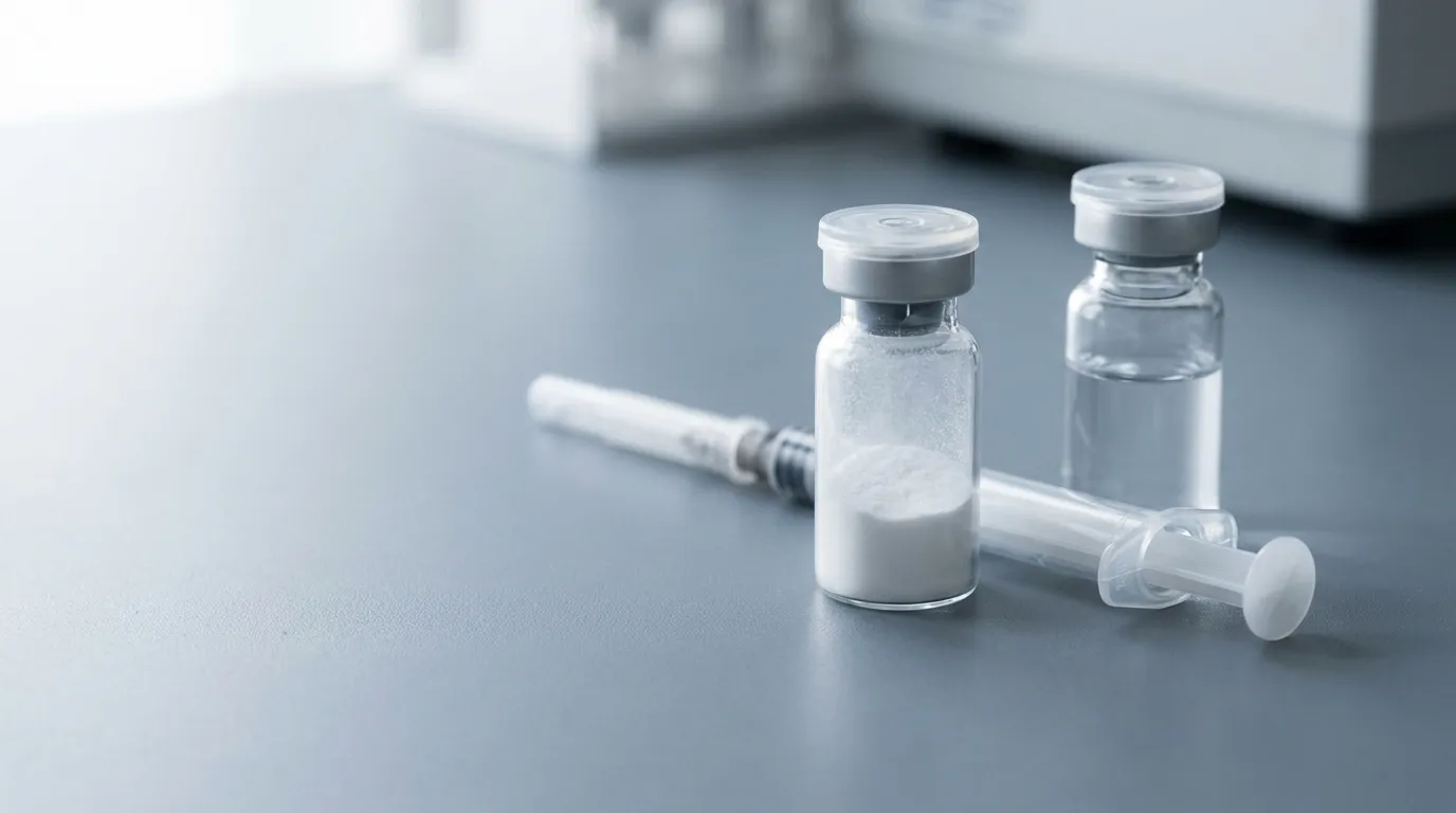 A single small clear glass vial of fine white lyophilized peptide powder on a cool-grey laboratory bench beside a sterile unbranded syringe and a vial of bacteriostatic water under soft studio lighting.
