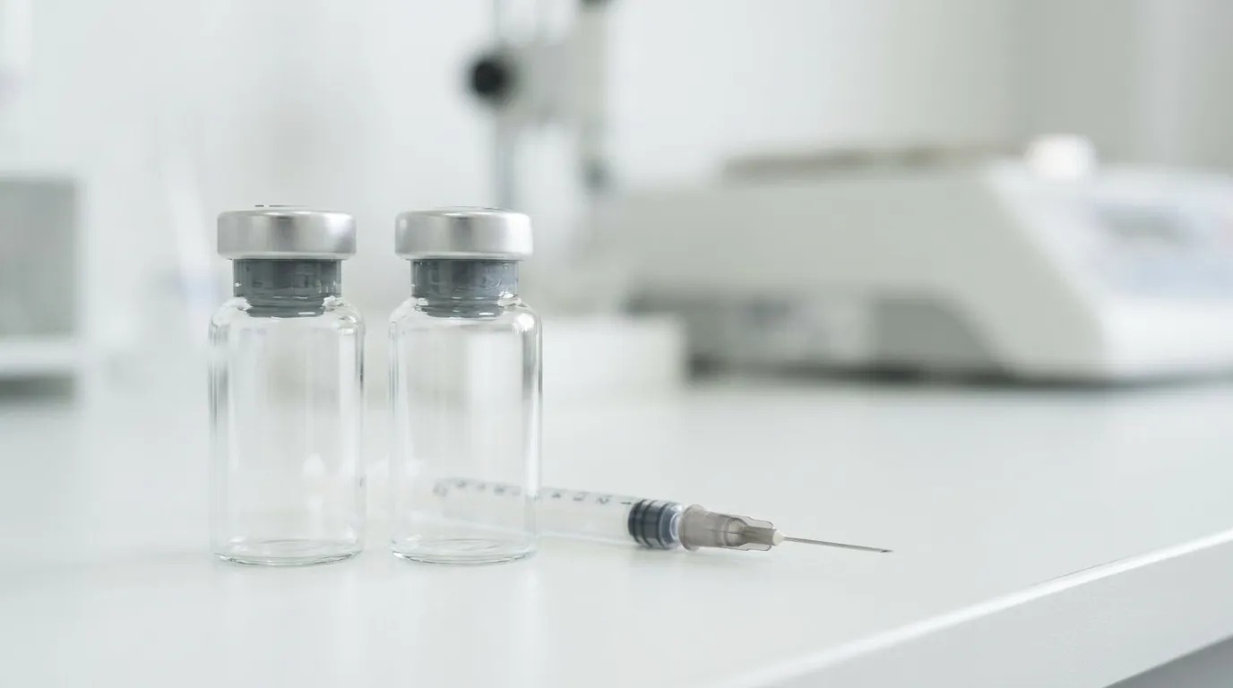 Two identical unlabeled clear glass medical vials with grey stoppers standing side by side on a clean white laboratory surface with a thin reconstitution syringe between them, soft daylight, no text or logos.