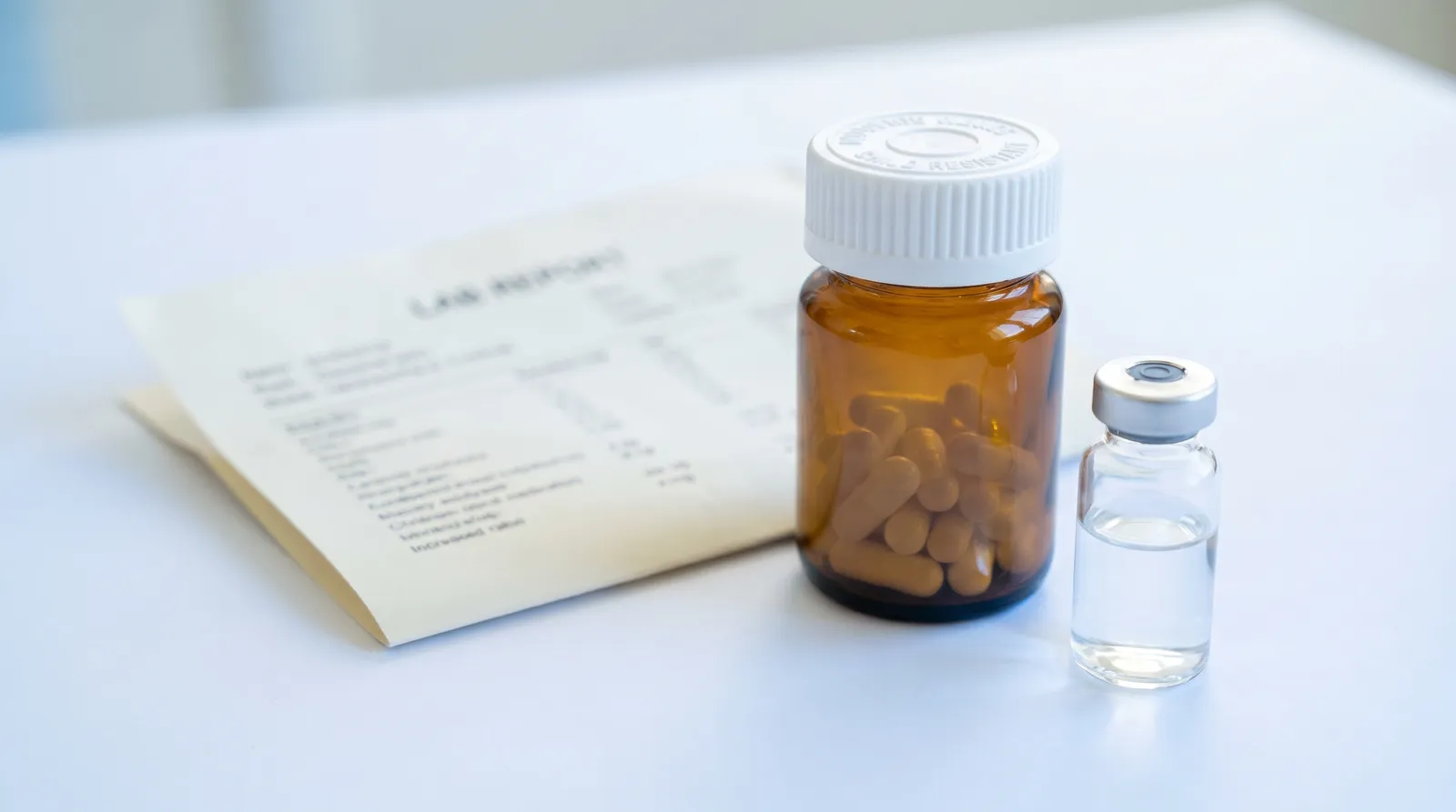 An oral medication bottle beside a testosterone vial and a lab report on a clean clinical surface.