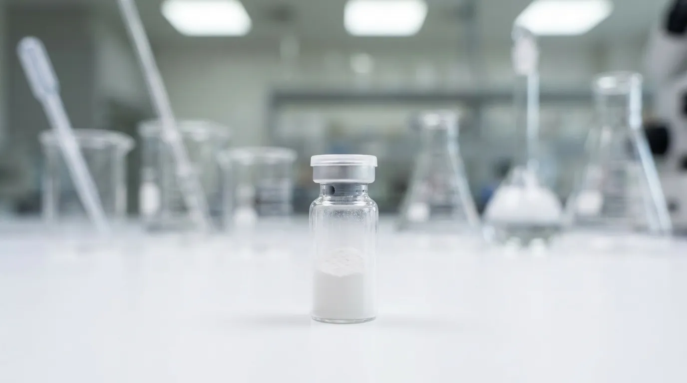 A single small clear glass vial of fine white lyophilized peptide powder standing on a clean white laboratory bench with softly blurred clinical glassware behind it.