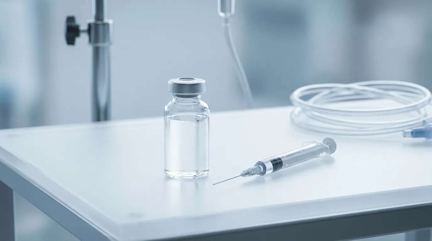 A single small clear glass vial of clear liquid beside a fine syringe on a clean white clinical bench, with softly blurred IV-drip equipment in the background.