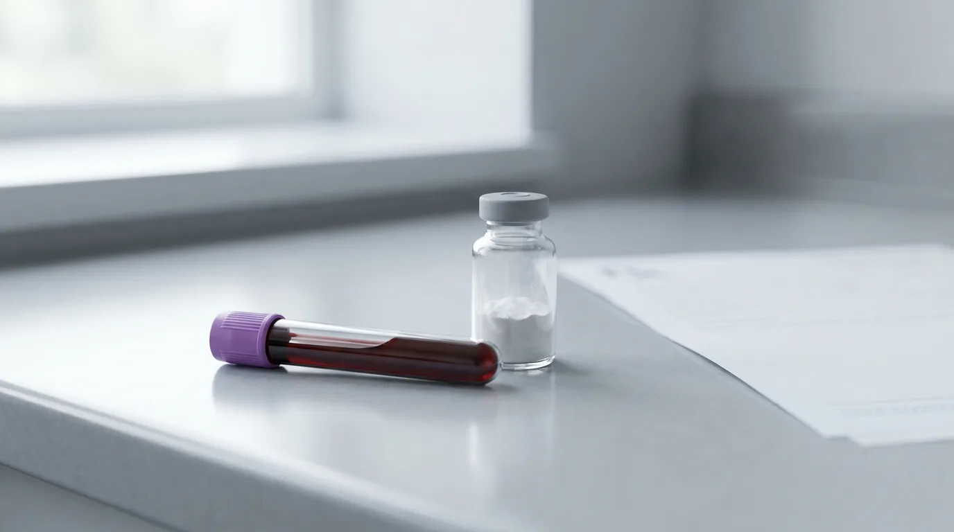 A printed IGF-1 lab report beside a blood collection tube and a small peptide vial on a clean clinical surface.