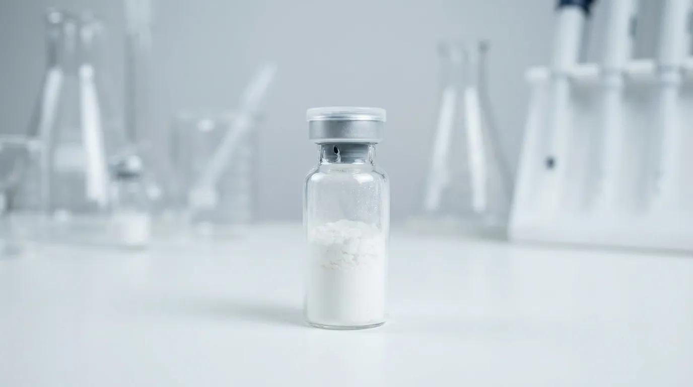A single small clear glass vial of white lyophilized freeze-dried powder standing on a clean white laboratory bench with blurred lab glassware behind it.