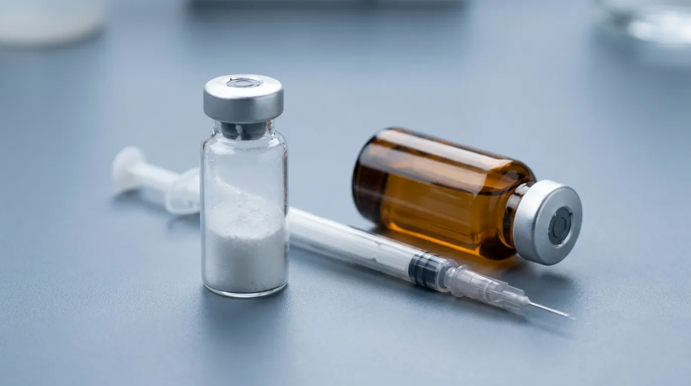 A single small clear glass vial of fine white lyophilized peptide powder on a cool-grey laboratory bench beside a sterile unbranded fine-gauge syringe and an amber vial of bacteriostatic water under soft studio lighting.