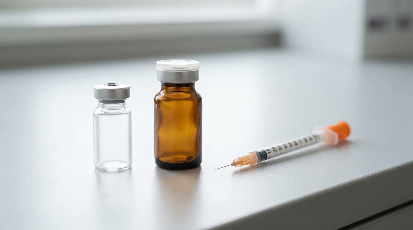 A single small clear glass medical vial of fine white lyophilized peptide powder standing on a clean white laboratory bench with softly blurred sterile glassware and a research notebook behind it.