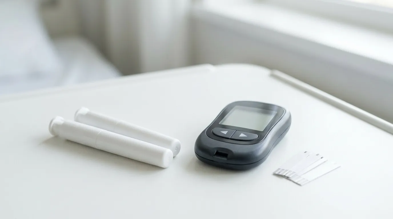 Two identical unlabeled single-dose injector pens resting beside a blood-glucose meter and a strip of test strips on a clean white clinical surface, soft daylight, no text or logos.