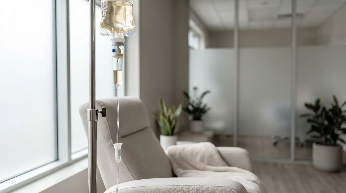 A clear IV drip line and bag of pale-gold infusion fluid on a stainless steel stand, the drip chamber in sharp focus mid-drip, beside an empty infusion recliner chair in a softly lit modern wellness clinic, no text or labels.
