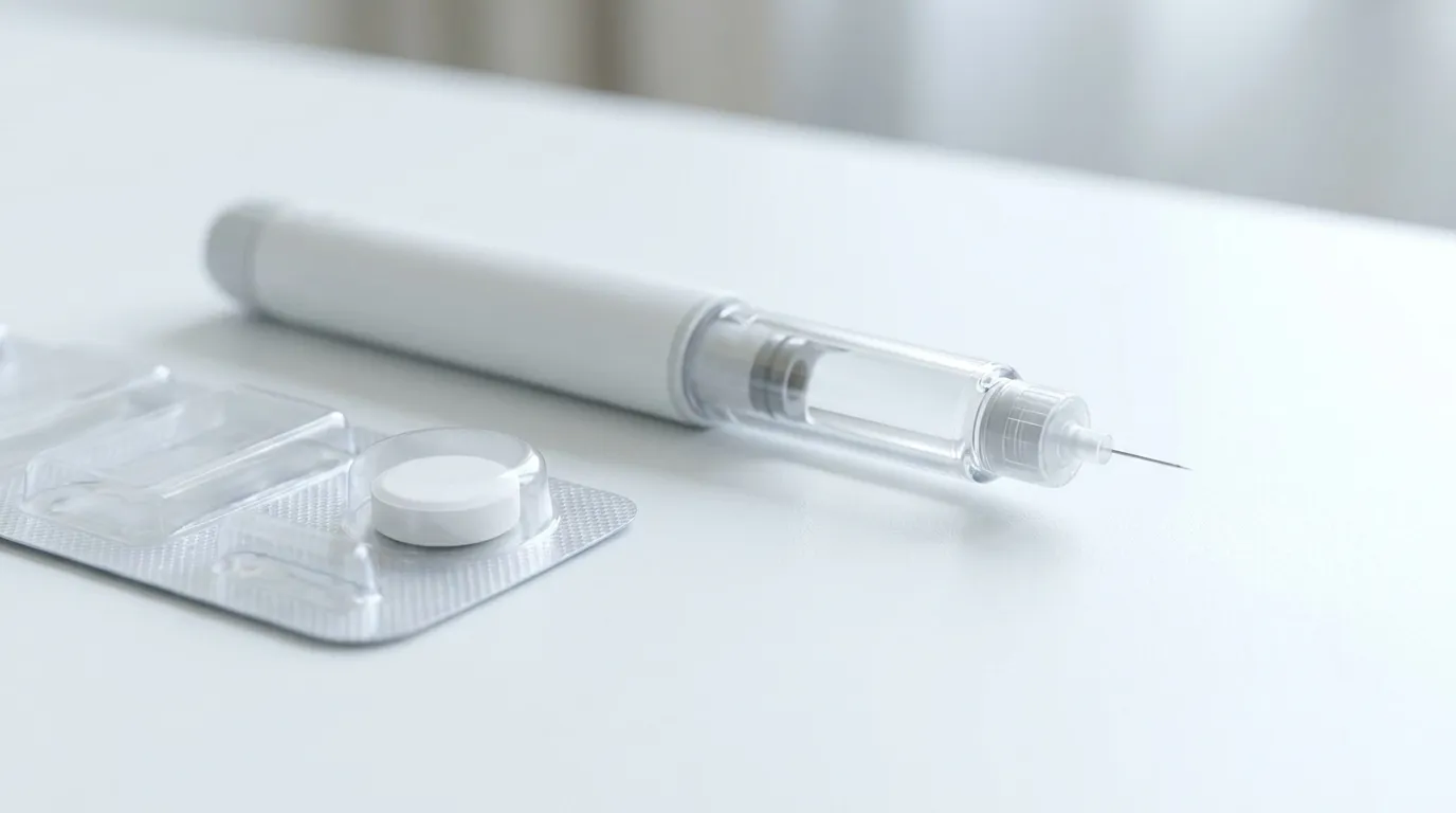 A single unlabeled white tablet on a clear blister strip lying beside an unlabeled prefilled injection pen on a clean white clinical surface, soft daylight, no text or logos.