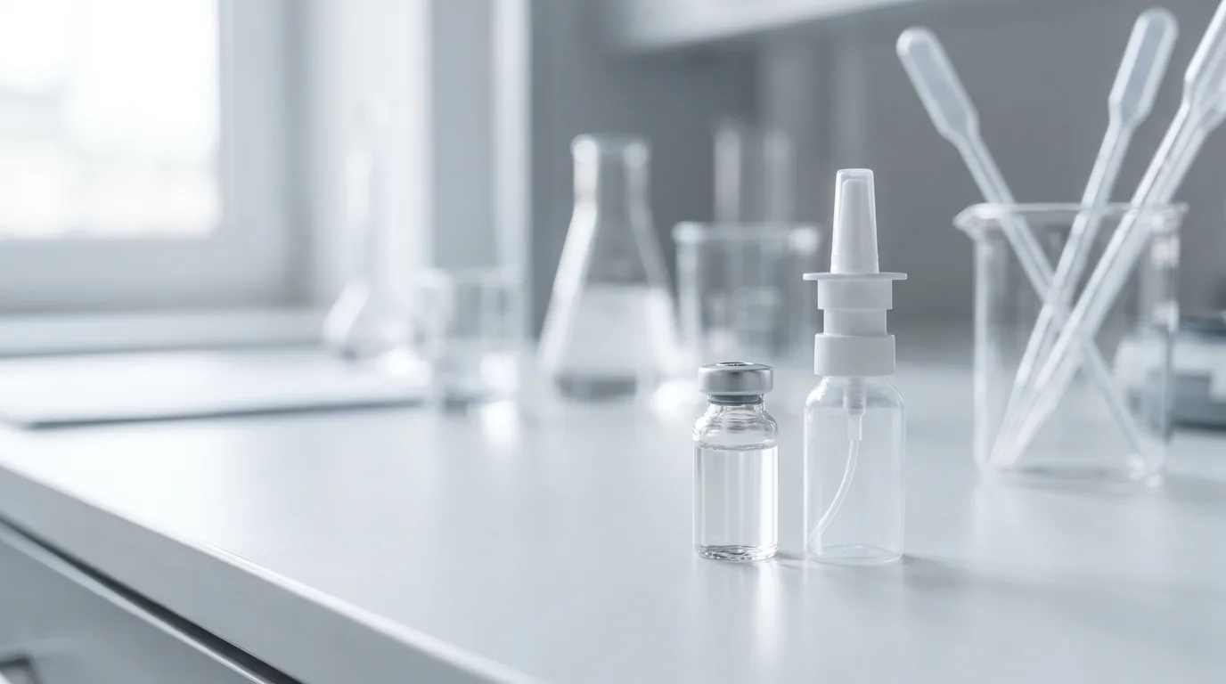 A single small clear glass medical vial of clear liquid beside a clear nasal-spray bottle on a clean white laboratory bench with softly blurred clinical glassware behind it.