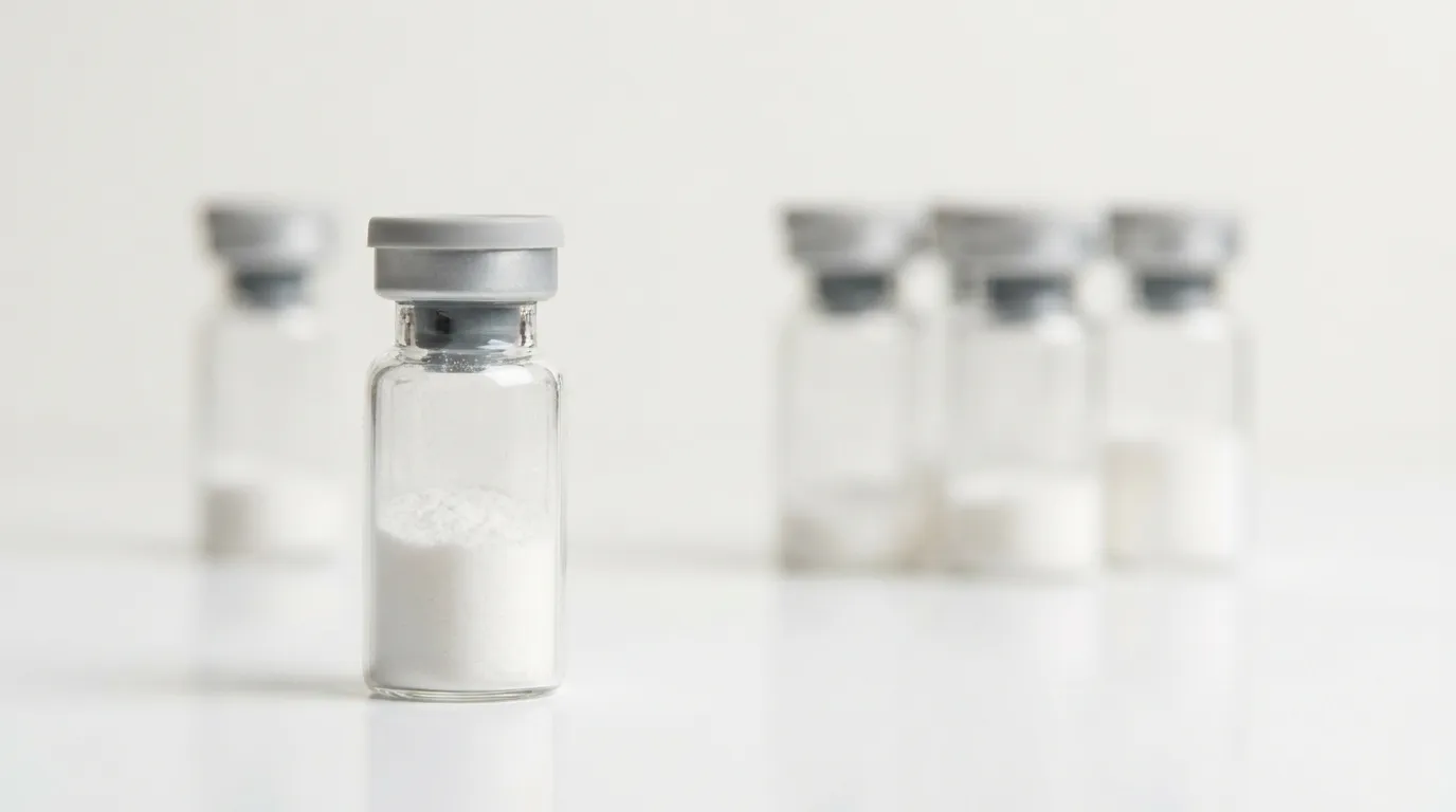 A single small clear glass vial of fine white lyophilized peptide powder on a clean white laboratory bench, with several other unlabeled vials softly blurred behind it, suggesting a multi-peptide blend.