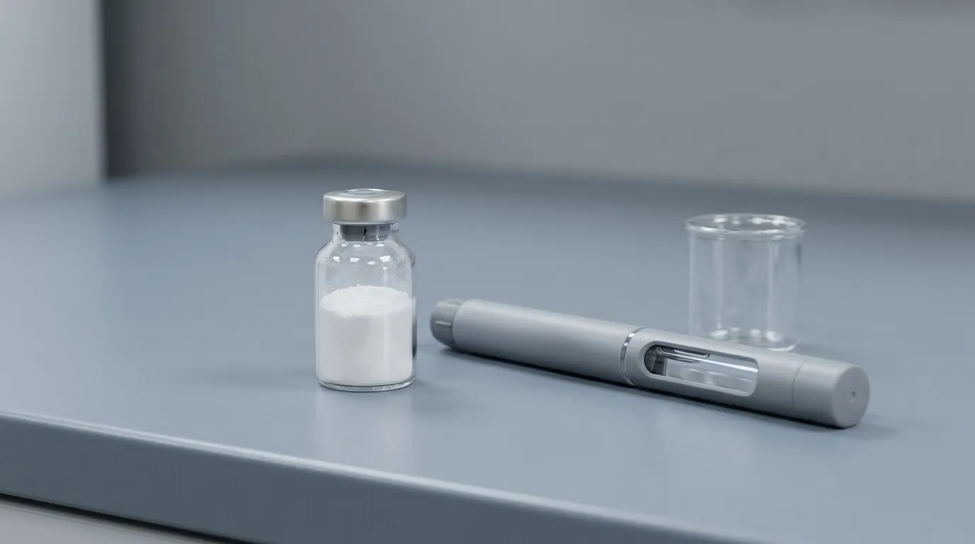 A single small clear glass medical vial of fine white lyophilized peptide powder standing on a cool-grey clinical surface beside a slim unbranded auto-injector pen and an empty glass under soft studio lighting.