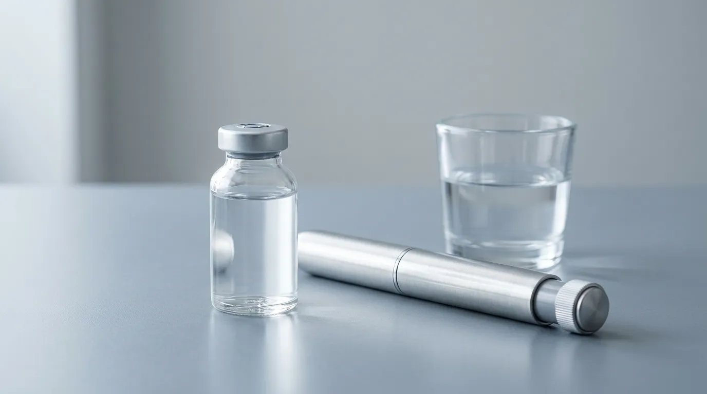A single unlabeled clear glass medical vial of colorless injectable solution beside a slim unbranded metal auto-injector pen and a glass of water on a clean cool-grey clinical surface under soft studio lighting.