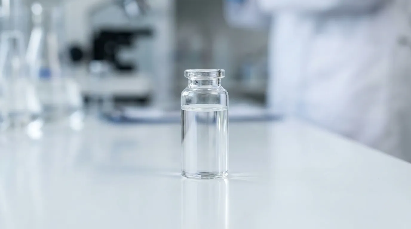 A single clear glass vial of colorless retatrutide injectable solution standing on a white laboratory surface with a softly blurred clinical background.