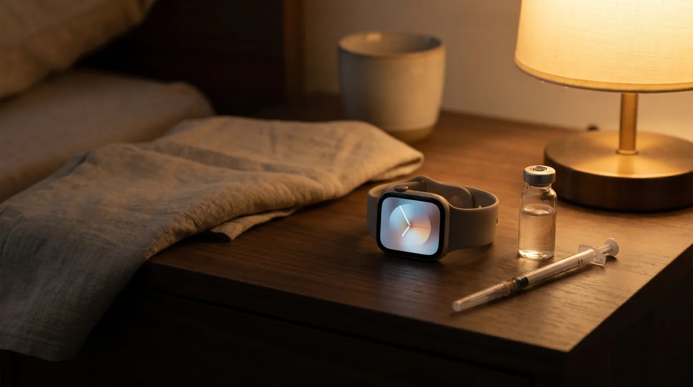 A bedside scene at night with a smartwatch showing a deep-sleep stage beside a small reconstituted peptide vial and an insulin syringe on a nightstand in low warm light.