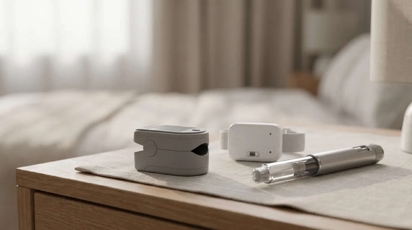 A person asleep wearing a small wrist and finger pulse-oximeter sensor, with a tirzepatide injection pen and a home sleep test device on the nightstand in soft early light.