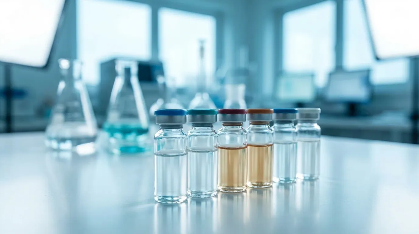 A row of small clear glass vials holding clear and faintly amber liquids on a white lab bench, with blurred glassware in the background.
