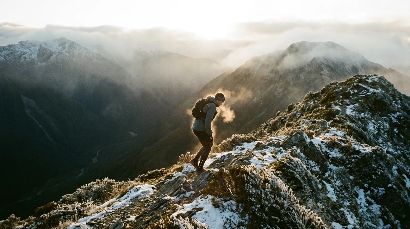 A lone endurance runner climbing a high-altitude mountain ridge at dawn in thin cold air, breathing hard with golden backlight, a vast valley below.