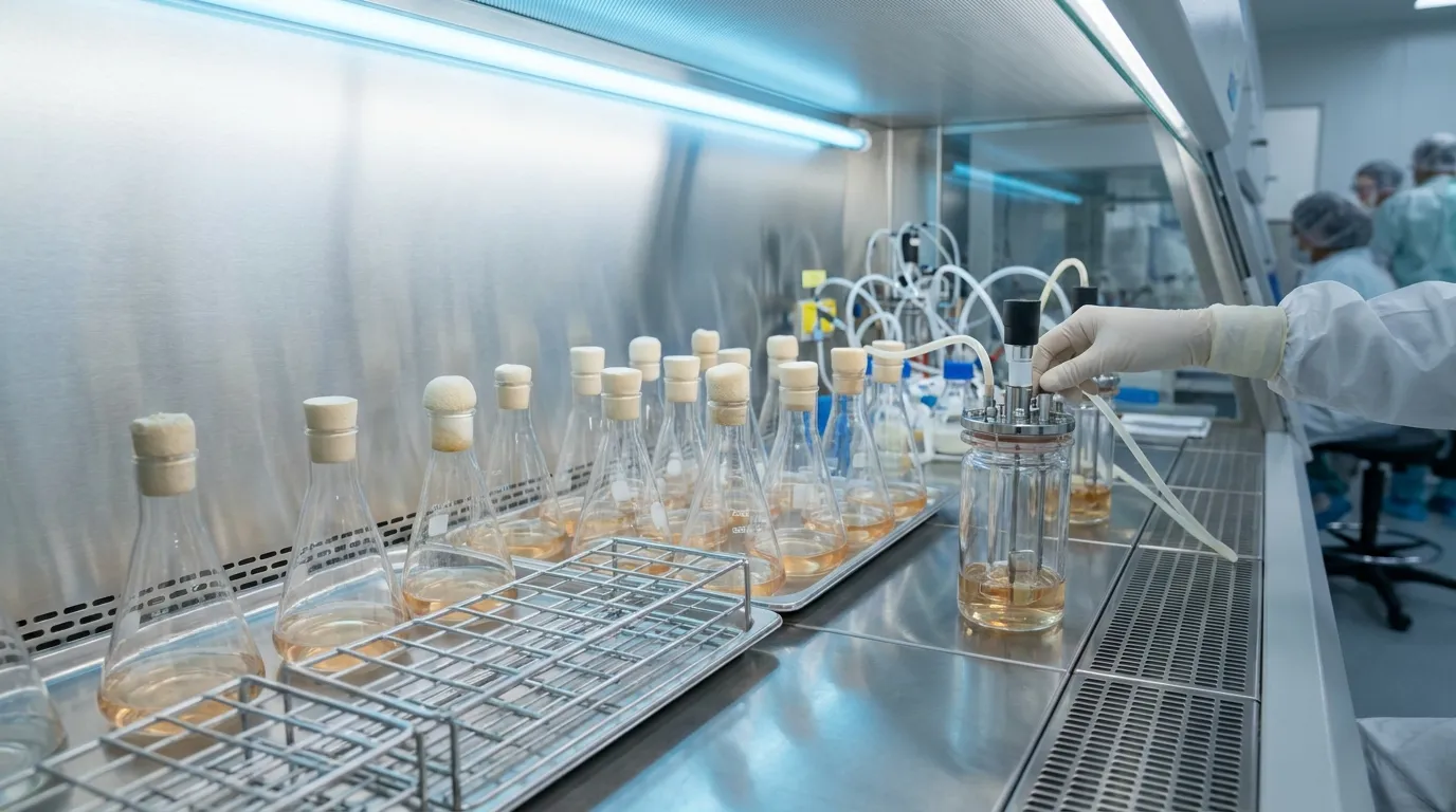 A photorealistic laboratory bioprocessing scene with rows of cell-culture flasks and bioreactor glassware holding faintly amber growth media on a sterile lab bench.