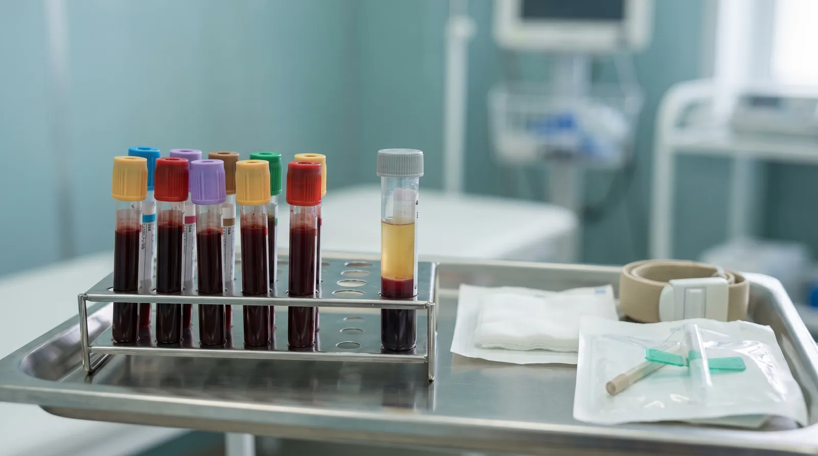 Capped blood collection tubes filled with dark red blood in a rack beside one centrifuged tube showing separated plasma and red cells on a clean clinical tray in soft blue light.