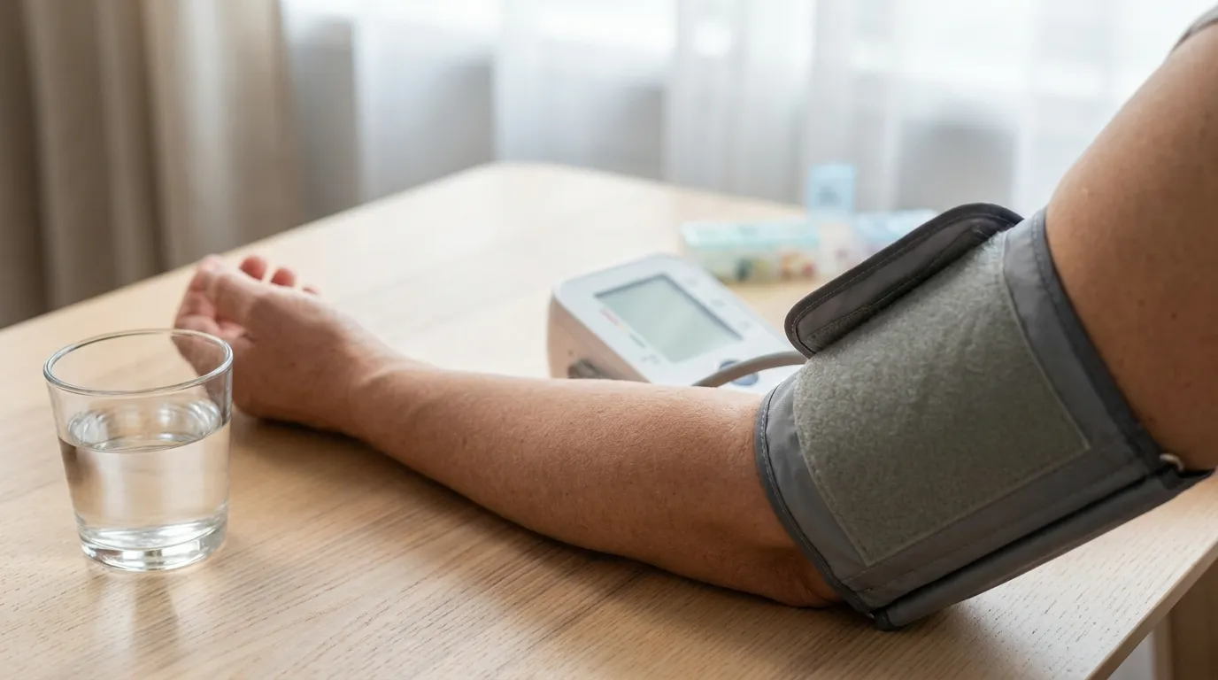 A home blood-pressure monitor cuff on a person's upper arm resting on a neutral table beside a glass of water in calm morning light, suggesting checking blood pressure after a dose.