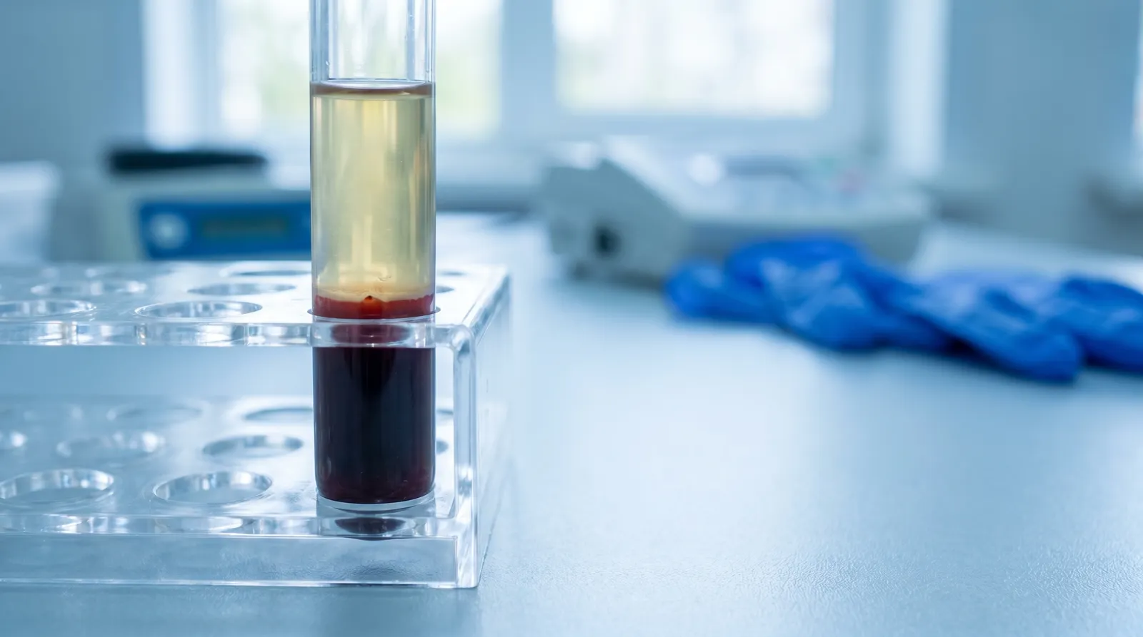A centrifuged blood collection tube in a rack showing clearly separated layers, dark red packed red cells settled at the bottom and pale yellow plasma above, on a clean clinical lab bench.
