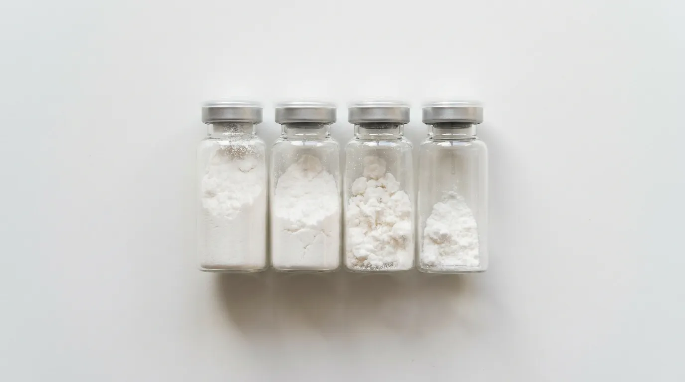 A photorealistic flat-lay on a clean white surface of four small clear glass vials of fine white lyophilized peptide powder arranged in a row, each slightly different in fill level, suggesting the components of a peptide blend, in soft natural studio light with no labels.