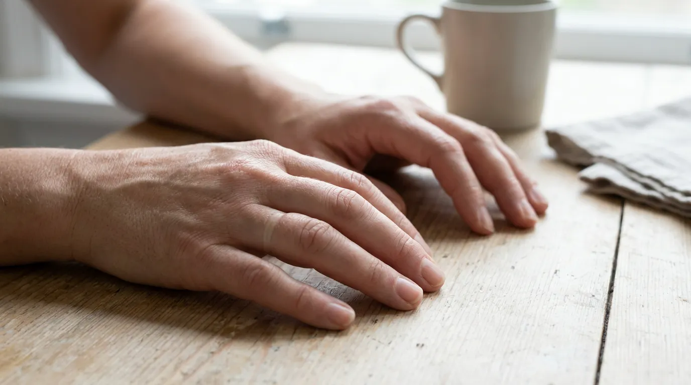 A photorealistic close-up of a person's hands resting on a light wooden table in soft morning light, with mild puffiness in the fingers suggesting fluid retention and edema.