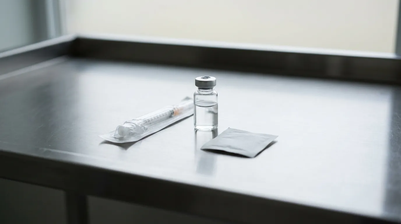 A photorealistic still life on a clean clinical lab bench: a small clear glass vial of clear liquid beside an empty insulin syringe and an alcohol swab, in soft neutral daylight, sterile and unbranded.