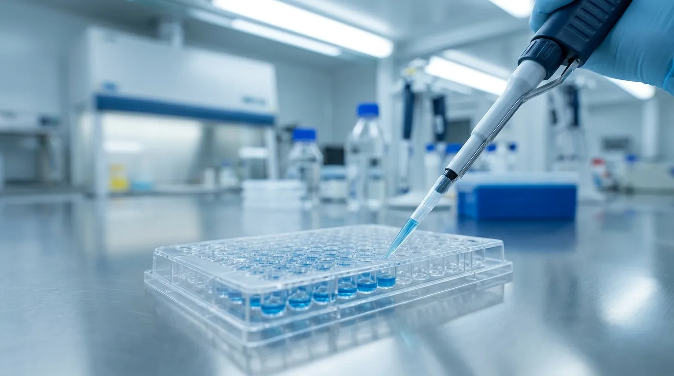 A photoreal still life of a laboratory microplate with clear sample wells on a clean white lab bench in soft natural light, shallow depth of field, no text or labels or logos.