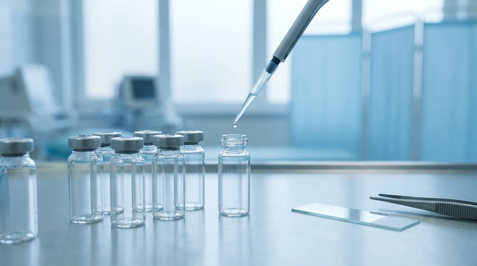 A row of clear glass laboratory vials with a precision pipette dispensing a single droplet beside a microscope slide on a clean clinical surface in soft blue light.
