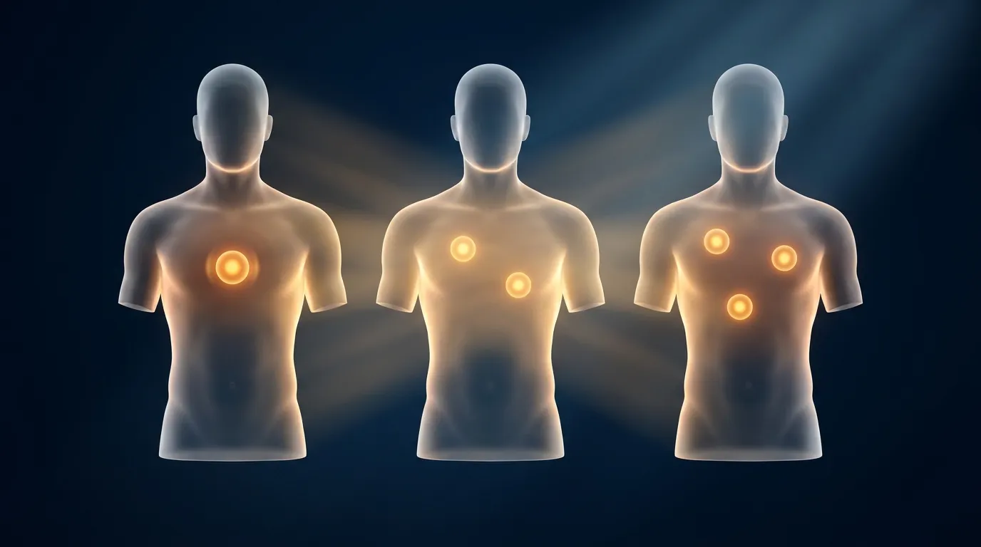 Three unbranded once-weekly auto-injector pens of increasing size arranged in ascending order on a clean clinical surface under soft daylight, representing successive receptor generations of metabolic medicines, no text or logos.
