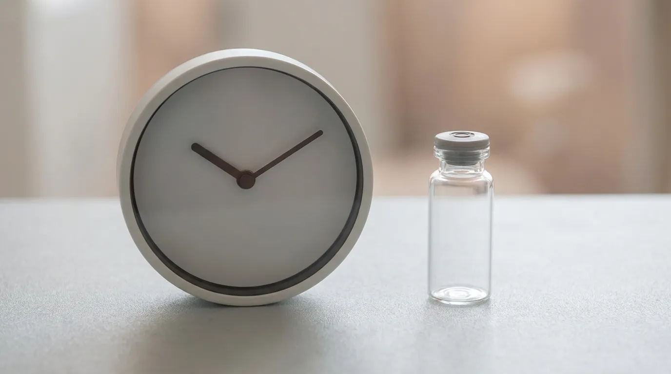 A photoreal clinical still life contrasting time: a small analog clock and a single unlabeled glass vial on a clean white laboratory surface in soft daylight, no text or logos.