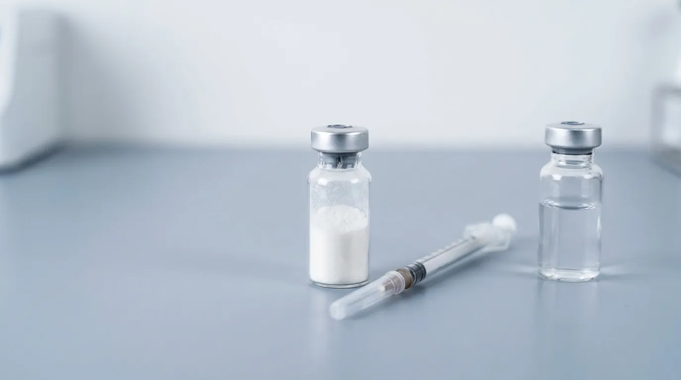 A single small clear glass vial of fine white lyophilized peptide powder on a cool-grey laboratory bench beside a slim sterile unbranded syringe and a vial of bacteriostatic water under soft studio lighting.