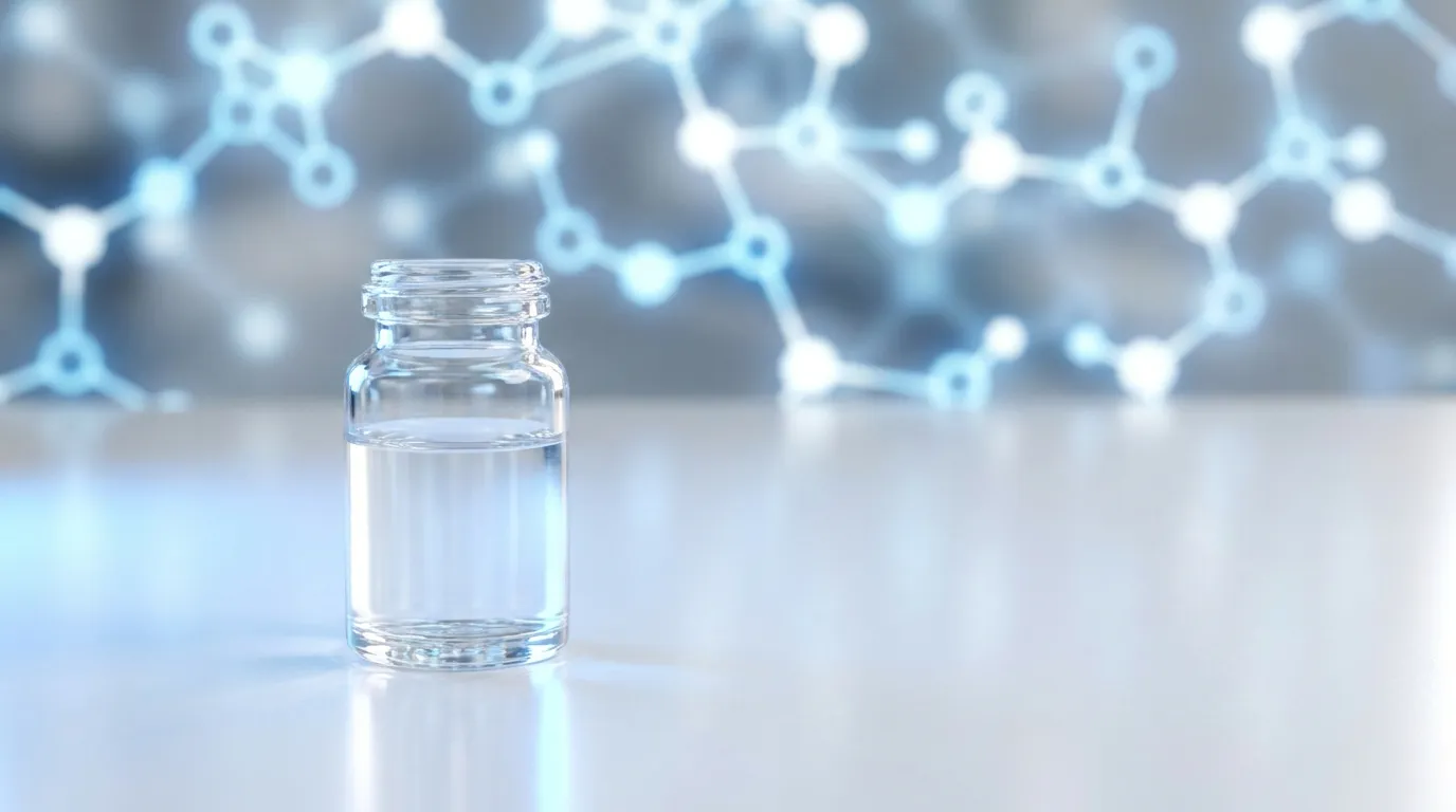 A single small clear glass vial of clear liquid on a reflective white lab surface, with a soft-focus glowing molecular signaling pathway in the background.