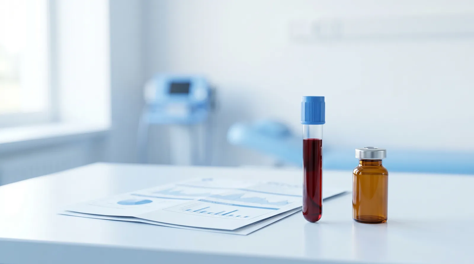 A printed lab report sheet beside a capped blood collection tube of dark red blood and a small amber medication vial, arranged on a clean clinical surface in soft blue medical light.