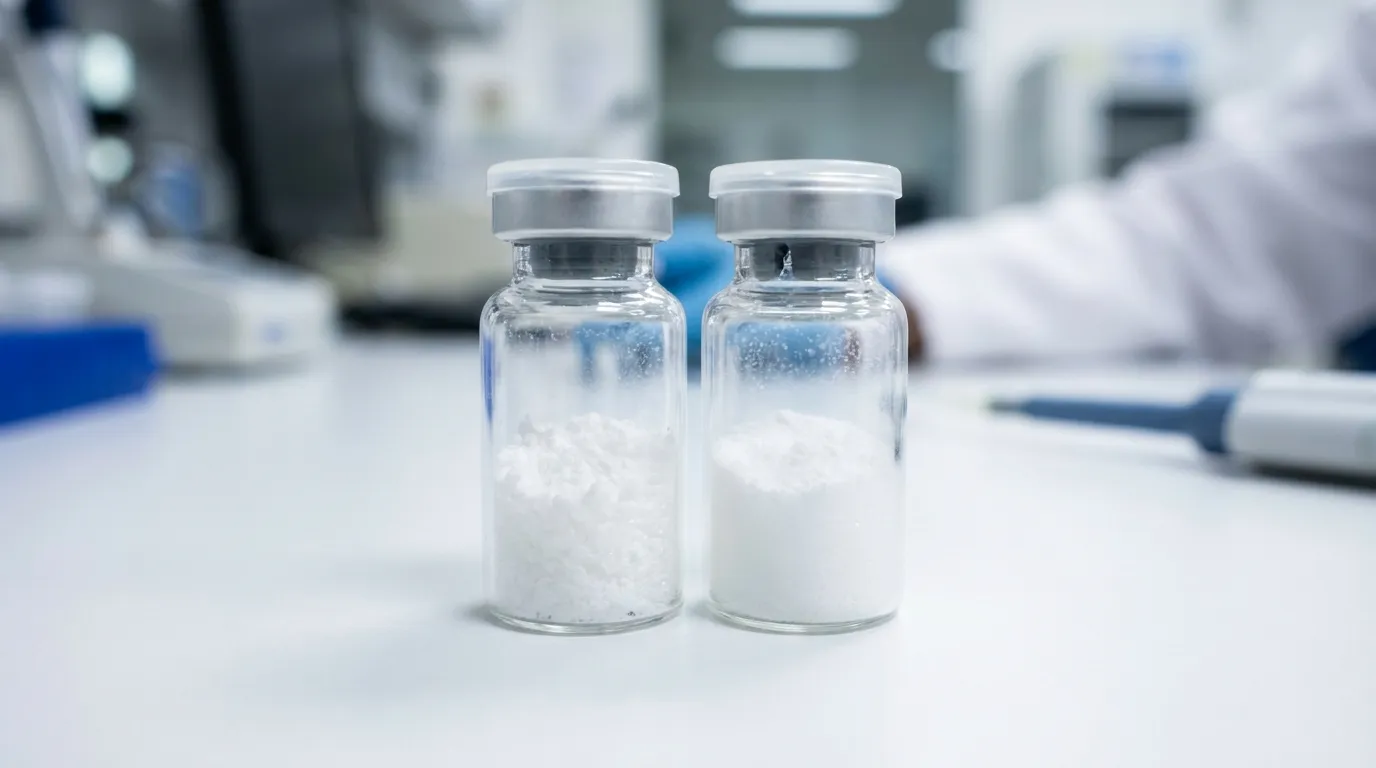 Two unlabeled small clear glass vials of fine white lyophilized peptide powder side by side on a matte stainless steel laboratory bench, neutral clinical lighting, no text or logos.