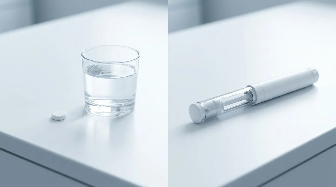 A single small unmarked white tablet beside a glass of water on the left and an unlabeled single-dose auto-injector pen on the right, on a clean white clinical surface in soft daylight, no text or logos.