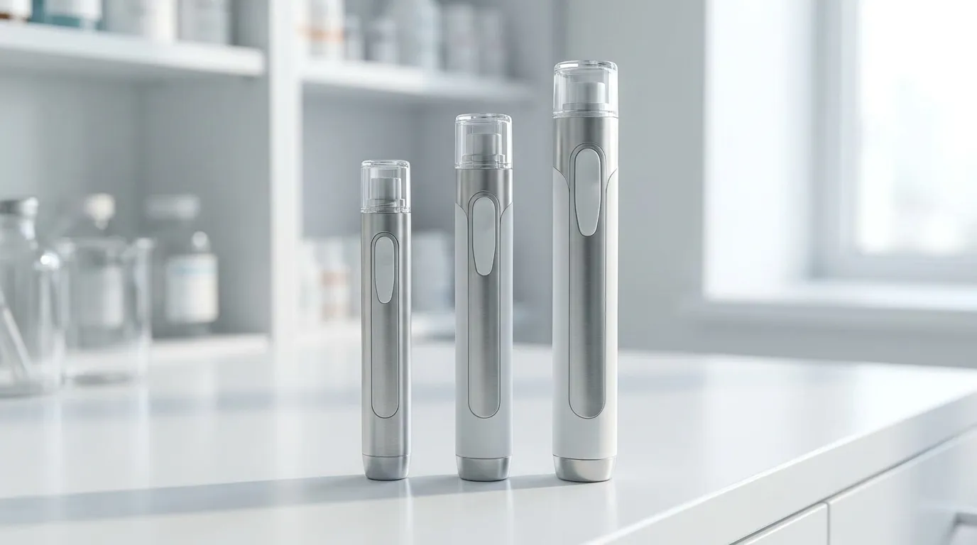 Three sleek unbranded once-weekly auto-injector pens of increasing size lined up left to right on a clean white pharmacy counter under soft daylight, suggesting successive generations of metabolic medicines, no text or logos.