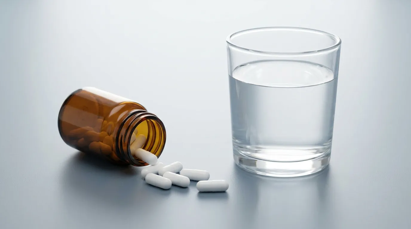 A small unlabeled amber glass pill bottle with several plain white oral capsules spilling onto a clean cool-grey clinical surface beside a clear glass of water under soft studio lighting.