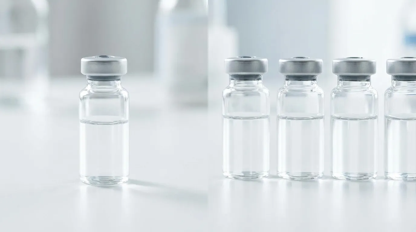A single unlabeled glass vial standing apart from a row of several identical vials on a clean white clinical surface in soft daylight, no text or logos.